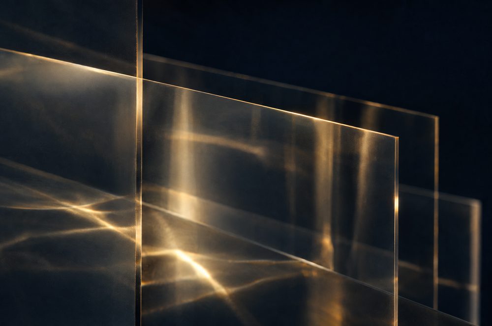 Layered glass catching warm light
